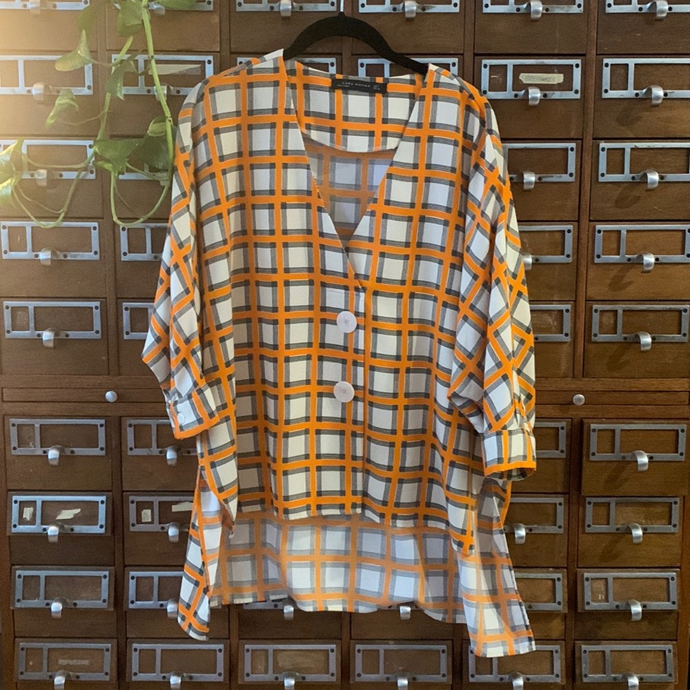 Zara Orange Plaid Blouse Button V Neck Relaxed Size Large